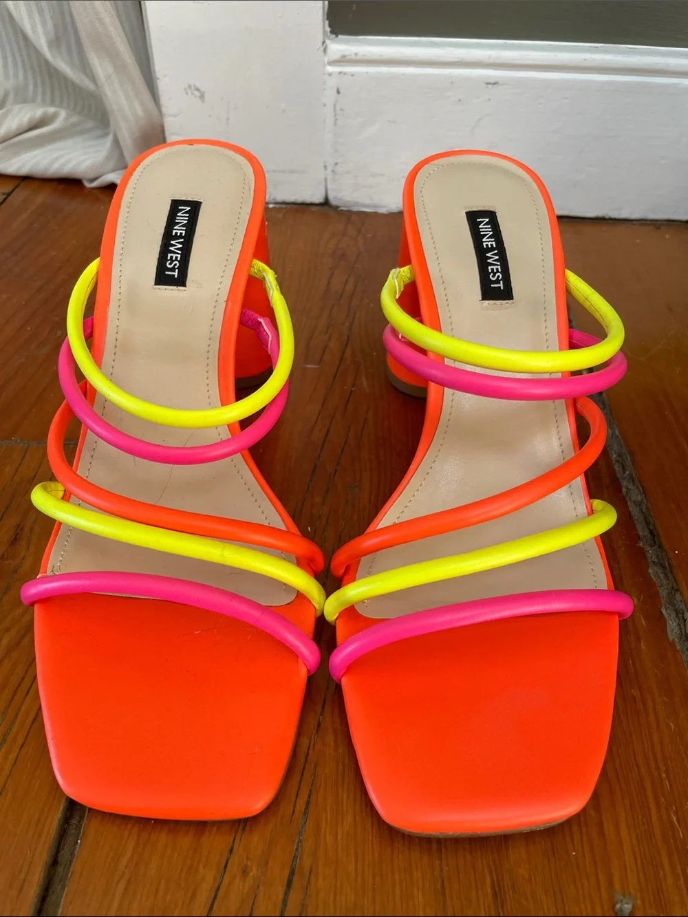 Nine West Neon Orange Slide Heels with Pink & Yellow Strappy Accents